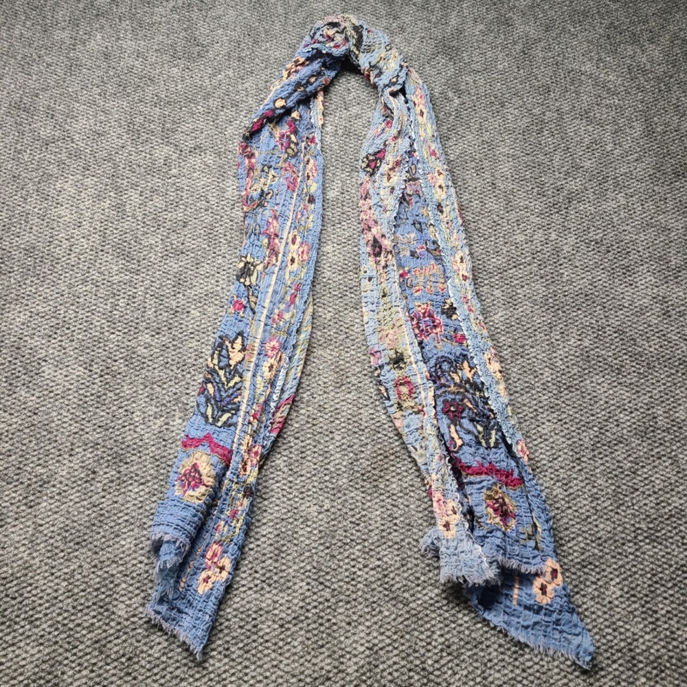 Anthropologie Blue Floral Wool Cotton Blend Textured Crinkle Scarf Fringe